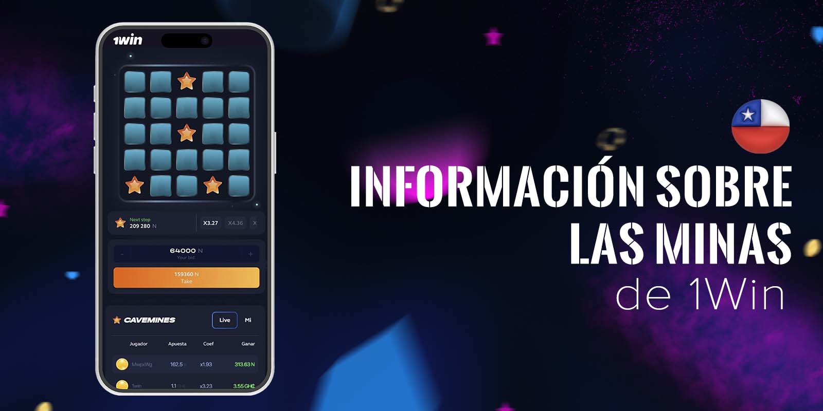 Juego Minas en 1Win con tablero azul, controles simples y alta ganancia máxima.