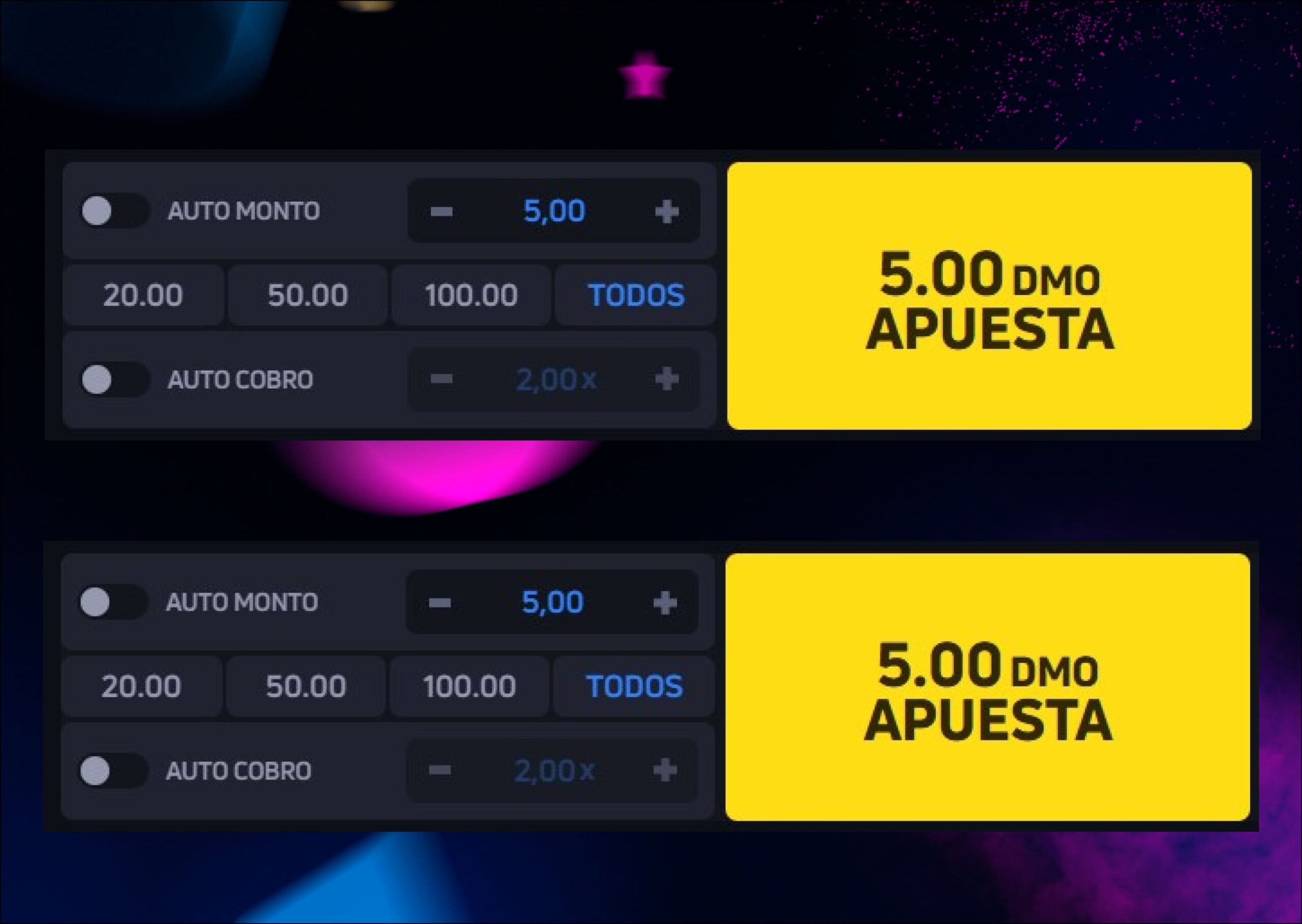 Panel de control de JetX en 1Win con botones para ajustar la apuesta.